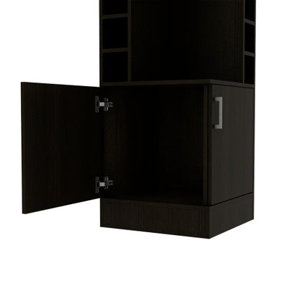 Corner Bar Cabinet, Eight Bottle Cubbies, Double Door, Two Open Shelves -Black