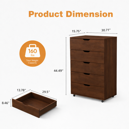 5 Drawer Dresser on Wheels Dark Brown Rolling Chest of Drawers Mobile Storage Cabinet for Bedroom Closet, Wide Drawer Organizer, 30.71" W x 15.75" D x 44.49" H