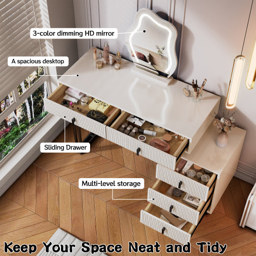 Adjustable-Length Vanity with Cloud LED Mirror - Modern Makeup Table with Storage Drawers & Side Cabinet, Ribbed Texture Design for Bedroom, Dorm & Small Spaces