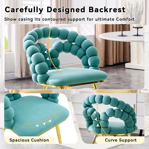 2 Pack Blue Dutch Velvet Dining Chairs, Ball-Chain Bubble Back Chairs with Gold Electroplated Metal Legs