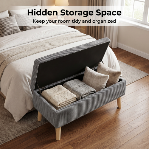 32 inch Olive Grey Corduroy Flip-Top Storage Ottoman Bench, Wooden Leg Upholstered Entryway & Bedroom Footrest