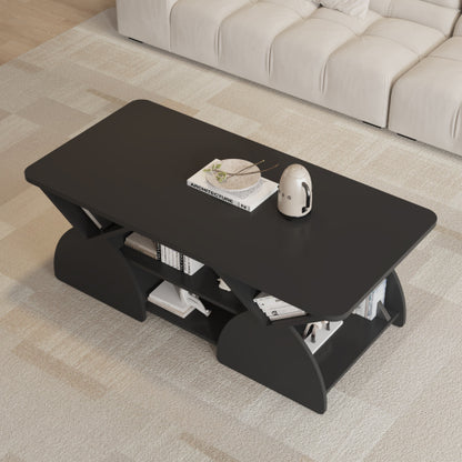 Modern Rectangular Coffee Table with Storage Shelves Engineered Wood Black
