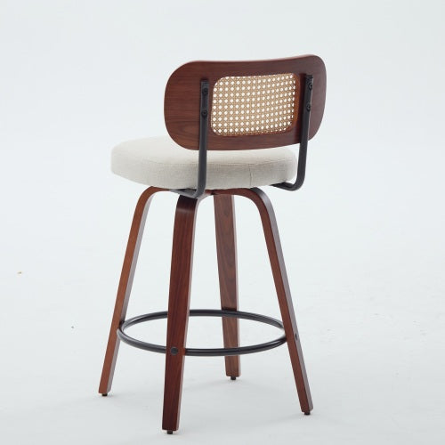 Set of 3, 26-Inch Counter Height Bar Stools - Walnut Black, Cane Rattan Back, Beige Linen Upholstered Seat, Swivel Design for Kitchen Island/Bar/Counter