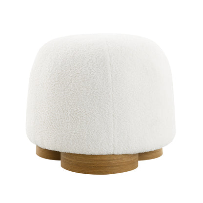 20 inch White Teddy Boucle Round Ottoman, Fully Assembled Petal Shape Footstool, 300 LBS for Bedroom Entryway