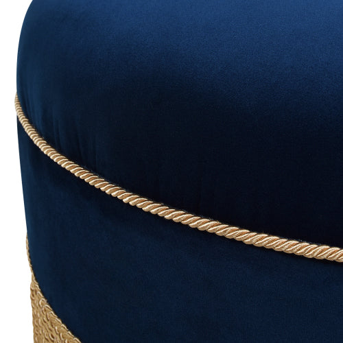 24 inch Round Upholstered Accent Ottoman, Navy Blue Velvet Ottoman with Gold Bullion Fringe Trim