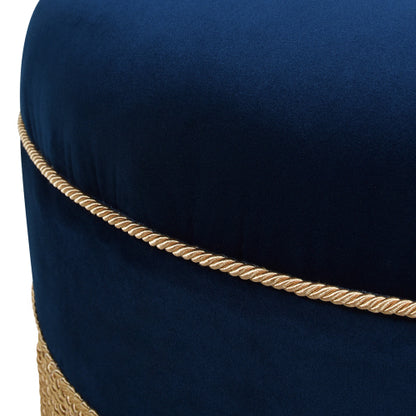24 inch Round Upholstered Accent Ottoman, Navy Blue Velvet Ottoman with Gold Bullion Fringe Trim