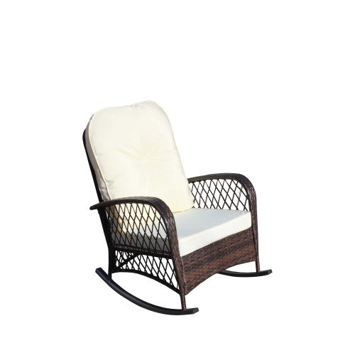 Outdoor Wicker Rocking Chair with Wide Seat, Thick, Soft Cushion, Rattan Rocker w/Steel Frame, High Weight Capacity for Patio, Garden, Backyard, Beige Cushion