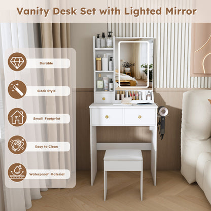 White Small Vanity Desk w/ 3-Color LED Mirror, 3 Drawers, Open Shelves, Power Outlet, Hair Dryer Holder & Chair