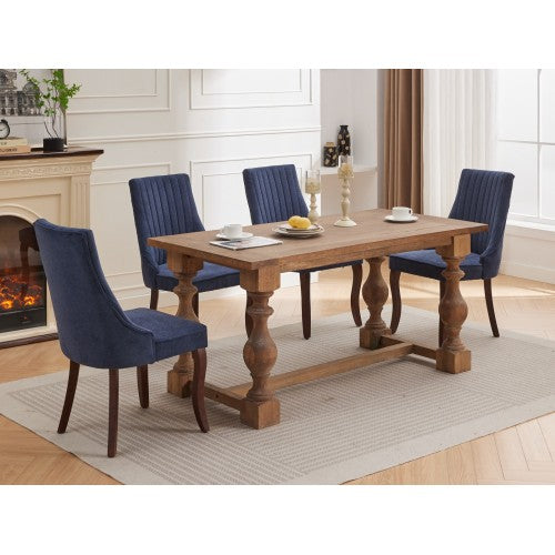Set of 2 Blue Rayon Flocking Linen High Back Dining Chairs, Curved Solid Wood Legs Adjustable Leveling Feet