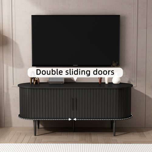 47 Inch Black Mid-Century TV Stand Sliding Fluted Door MDF Media Console with Metal Legs