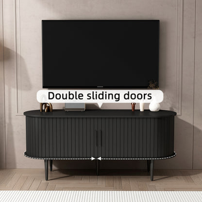 47 Inch Black Mid-Century TV Stand Sliding Fluted Door MDF Media Console with Metal Legs