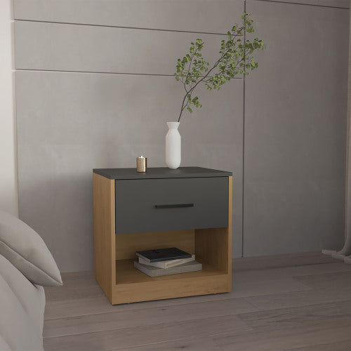 Natural Oak & Matt Gray Nightstand with Cabinet & Shelf
