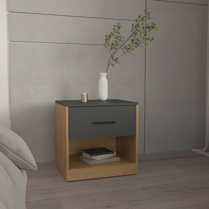 Natural Oak & Matt Gray Nightstand with Cabinet & Shelf