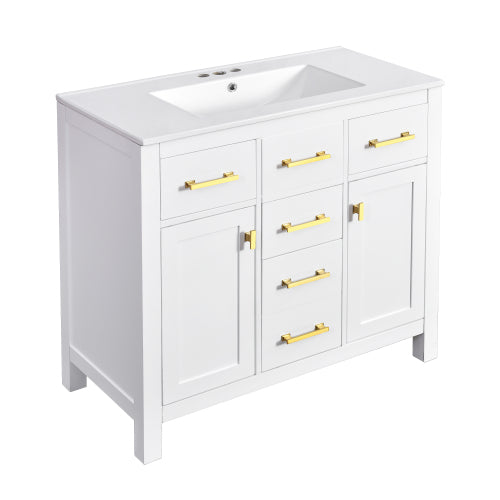 36'' Bathroom Vanity with Ceramic Sink Combo Set,Modern Freestanding Single Bathroom Cabinet with 4 Drawers & 2 Cabinets,Storage Cabinet for Bathroom, Solid Wood Frame Vanity Set, White