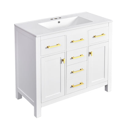 36'' Bathroom Vanity with Ceramic Sink Combo Set,Modern Freestanding Single Bathroom Cabinet with 4 Drawers & 2 Cabinets,Storage Cabinet for Bathroom, Solid Wood Frame Vanity Set, White