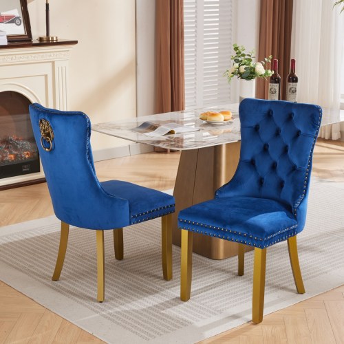 Mid-Century Modern Velvet Dining Chairs Set of 2 with Lion Head Pull Ring, Tufted Upholstered Chair, Blue