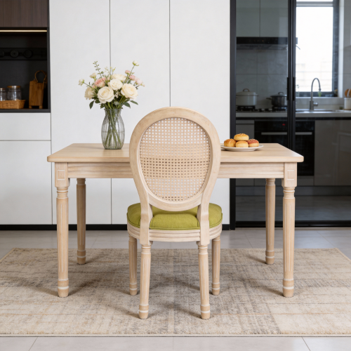 Set of 2 Green French Country Rattan Round Back Dining Chairs, Full Solid Wood Frame Disassemblable Side Chairs
