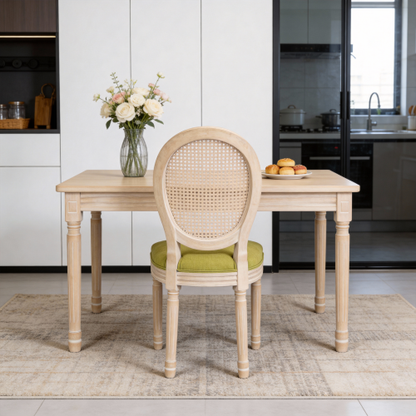 Set of 2 Green French Country Rattan Round Back Dining Chairs, Full Solid Wood Frame Disassemblable Side Chairs