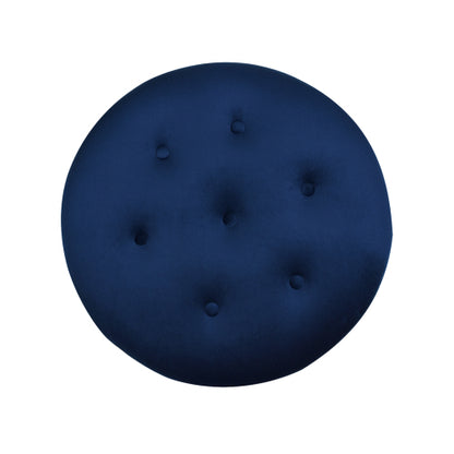 24 inch Round Upholstered Accent Ottoman, Navy Blue Velvet Ottoman with Gold Bullion Fringe Trim