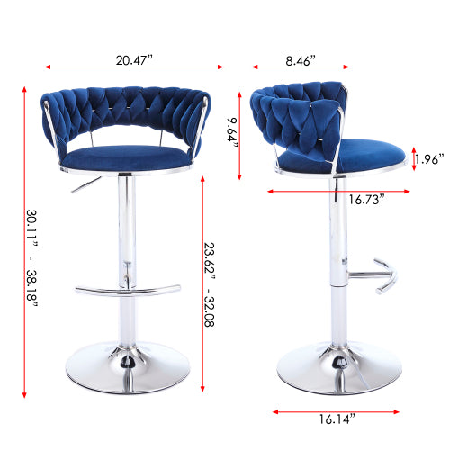 Set of 2 Bar Stools,with Chrome Footrest and Base Swivel Height Adjustable Mechanical Lifting Velvet + Chrome  Leg Simple Bar Stool-BLUE