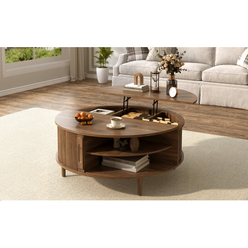 Round Lift Top Coffee Table Storage Sliding Door Pine Wood Legs Modern Wood Wave Design