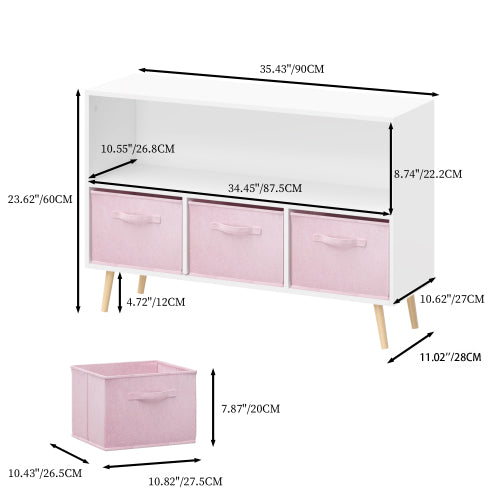 Kids Bookcase with Fabric Drawers and Toy Storage Organizer, White/Pink