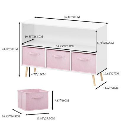 Kids Bookcase with Fabric Drawers and Toy Storage Organizer, White/Pink