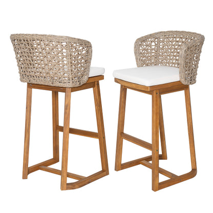 Outdoor Acacia Wood Bar Stools (Set of 2), Teak Finish Bar Height Chairs with Beige Cushion & Light Brown Wicker Back, Counter Height Stools for Patio, Poolside, Kitchen Island