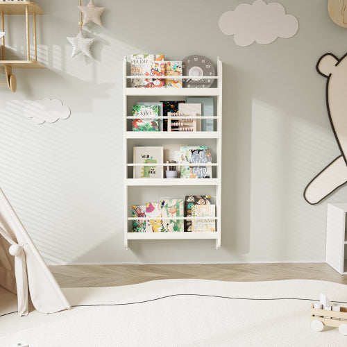 4-Tier Wall-Mounted Kids Bookshelf Anti-Tip Design High Safety Space-Saving Nursery Toy Book Organizer