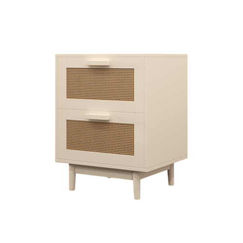 Rattan Nightstand, Wood End Table, Side Table with 2 Faux Rattan-Decorated Drawers, Bedside Table,Wood Accent Table with Storage for Livingroom, Bedroom,Burly wood