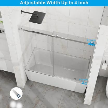 Goodyo Frameless Bathtub Door, 60" W x 58" H Sleek Silent Sliding Glass Door, 1/4" (6mm) Thick Tempered Clear Glass with Easy-clean Coating, Heavy-Duty 304 Stainless Steel, Chrome