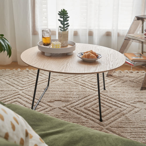 Round Oak Veneer Coffee Table with Carbon Steel Legs