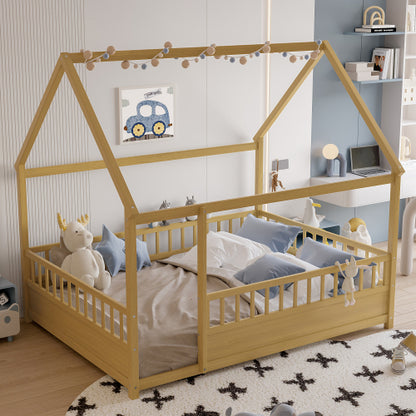 Full Size Floor Wooden Bed with House Roof Frame, Fence Guardrails(Full,Natural)