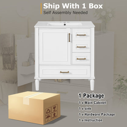 30" Bathroom Vanity with Ceramic Sink, Soft-Close Door with Built-in Shelf, Deep Drawer, Standard Drawer, Long Divider Drawer, Ample Storage Cabinet for Bathroom, Modern & Functional Design