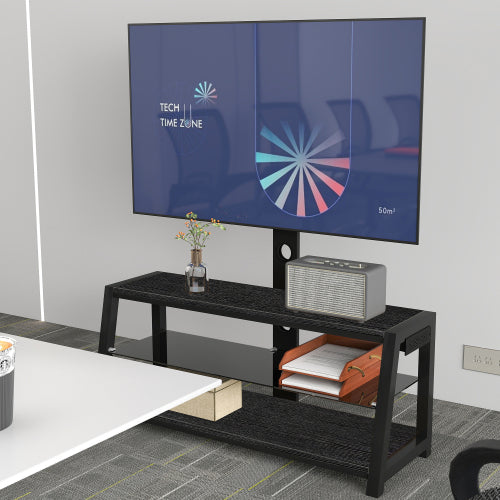 Black Swivel TV Stand Mount 30¡ã Rotatable Height Adjustable 3-Tier Tempered Glass Media Console with Power Socket