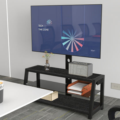Black Swivel TV Stand Mount 30¡ã Rotatable Height Adjustable 3-Tier Tempered Glass Media Console with Power Socket
