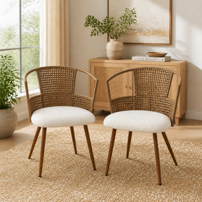 PE Rattan Dining Armchairs with Teddy Seats, Set of 2, Beige/Brown