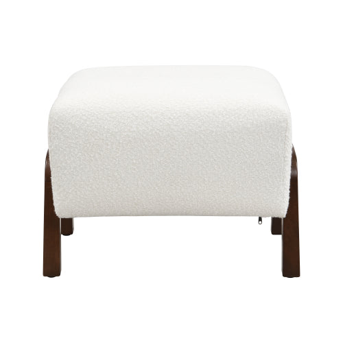 White Boucle Upholstered Ottoman with Solid Wood Legs, Contemporary Multifunctional Accent Footrest Stool