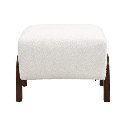 White Boucle Upholstered Ottoman with Solid Wood Legs, Contemporary Multifunctional Accent Footrest Stool