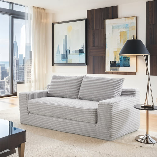 56-Inch Grey Corduroy Memory-Foam Compression Convertible Loveseat Sofa No-Assembly for Small-Space Apartment Home-Office