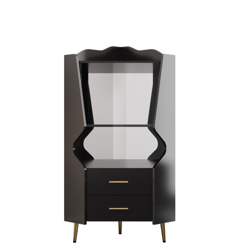 Wooden Corner bar cabinet with 2 open storage shelves and 2 drawers, mirrored back sideboard cabinet, high feet/legs for easy cleaning, buffet cabinet BLACK