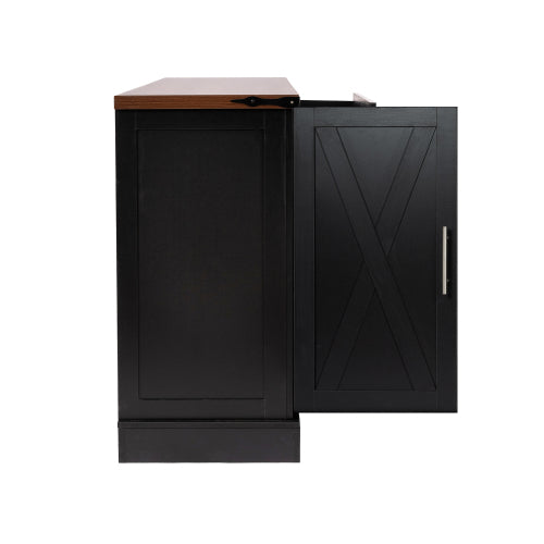 63 inch Farmhouse Barn Door Storage Cabinet with 2 Drawers & Door Rack, Large Buffet Table Coffee Bar Cabinets with Adjustable Shelves for Kitchen, Living Room, Entryway, Dining Room, Black