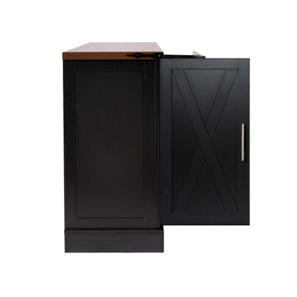 63 inch Farmhouse Barn Door Storage Cabinet with 2 Drawers & Door Rack, Large Buffet Table Coffee Bar Cabinets with Adjustable Shelves for Kitchen, Living Room, Entryway, Dining Room, Black