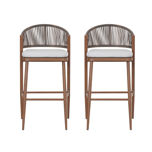 Outdoor 30.25" Seat Height Aluminum Frame Barstools with PE Rattan Scallop-shaped Backrest, Set of 2, Teak Finish