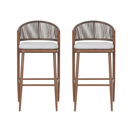 Outdoor 30.25" Seat Height Aluminum Frame Barstools with PE Rattan Scallop-shaped Backrest, Set of 2, Teak Finish