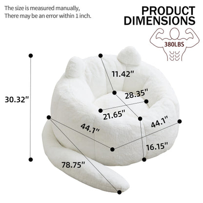 White Cat-Shaped Adult Bean Bag Sofa,High-Density Foam,No Assembly