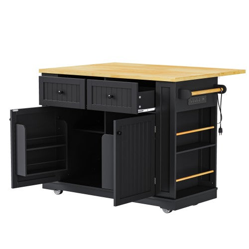 48inch Kitchen Island with 2 Bar Stools, Power Outlet, Internal Storage Rack, Kitchen Storage Cart on 5 Wheels with Drop Leaf, 5 Open Side Racks, Drawers, Black (Old SKU N707S000015B)(Three Packages)