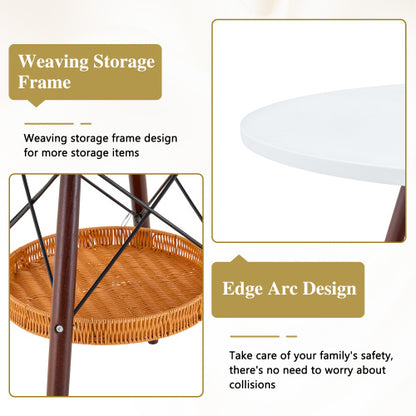 31.5 Inch Round Coffee Table with Woven Basket, White & Walnut