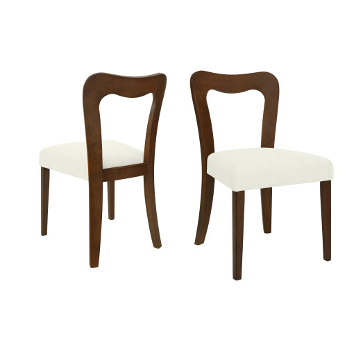 Set of 2 Walnut Rubberwood Open Back Dining Chairs, Minimalist Beige Upholstered Armless Side Chairs