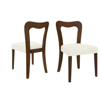Set of 2 Walnut Rubberwood Open Back Dining Chairs, Minimalist Beige Upholstered Armless Side Chairs
